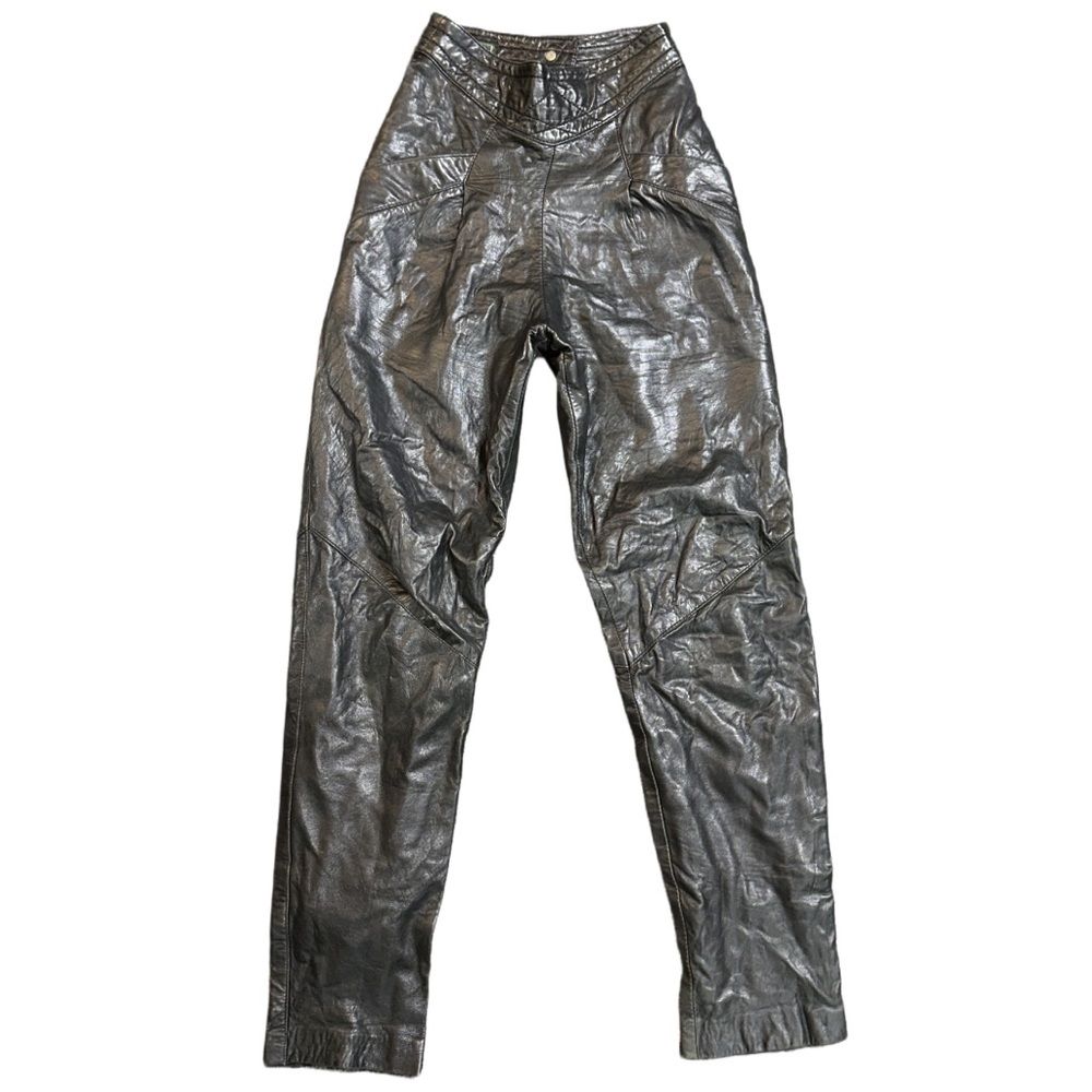 90s DANIER women's black retro high rise slim straight leather biker pants, 4.